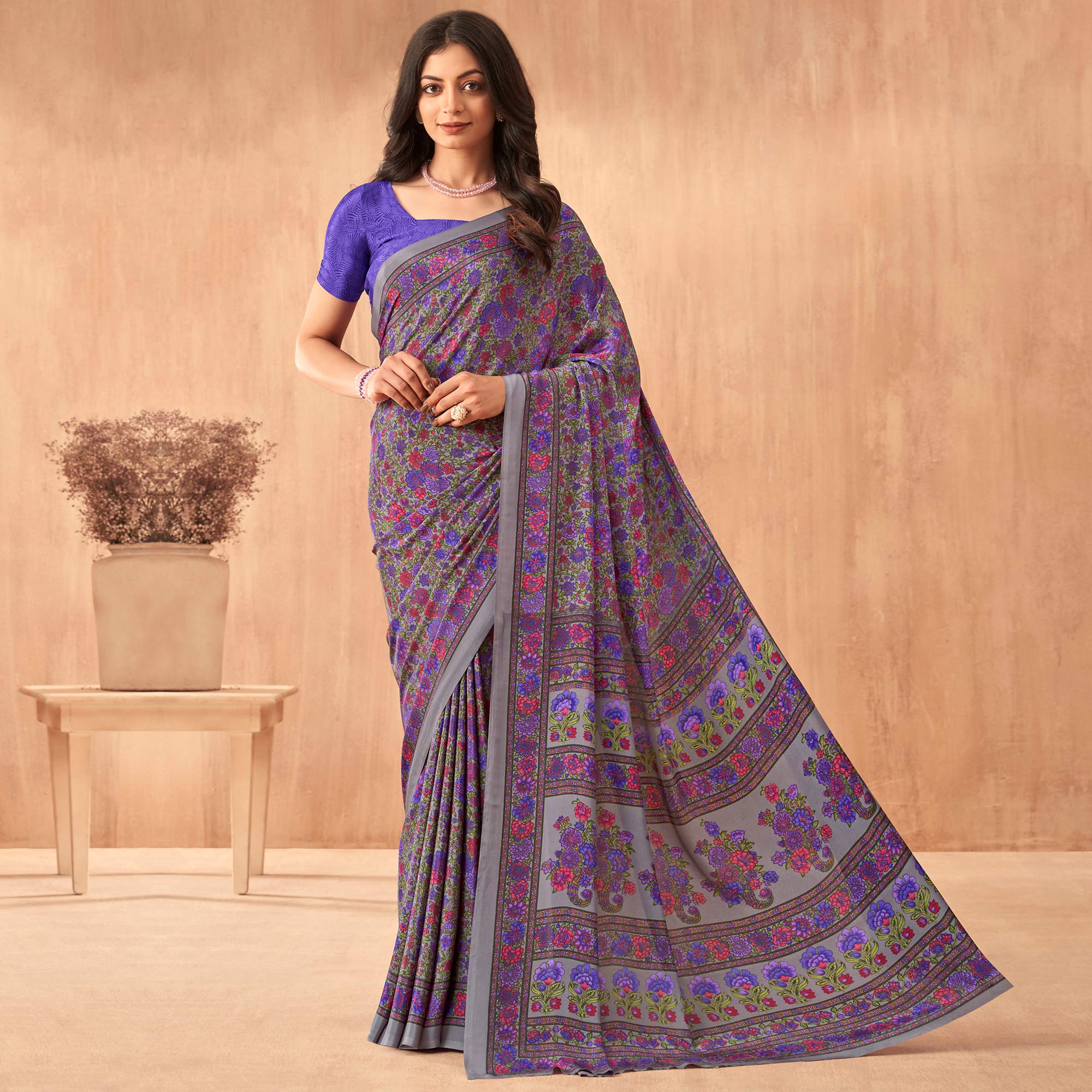 Purple Floral Printed Crepe Saree