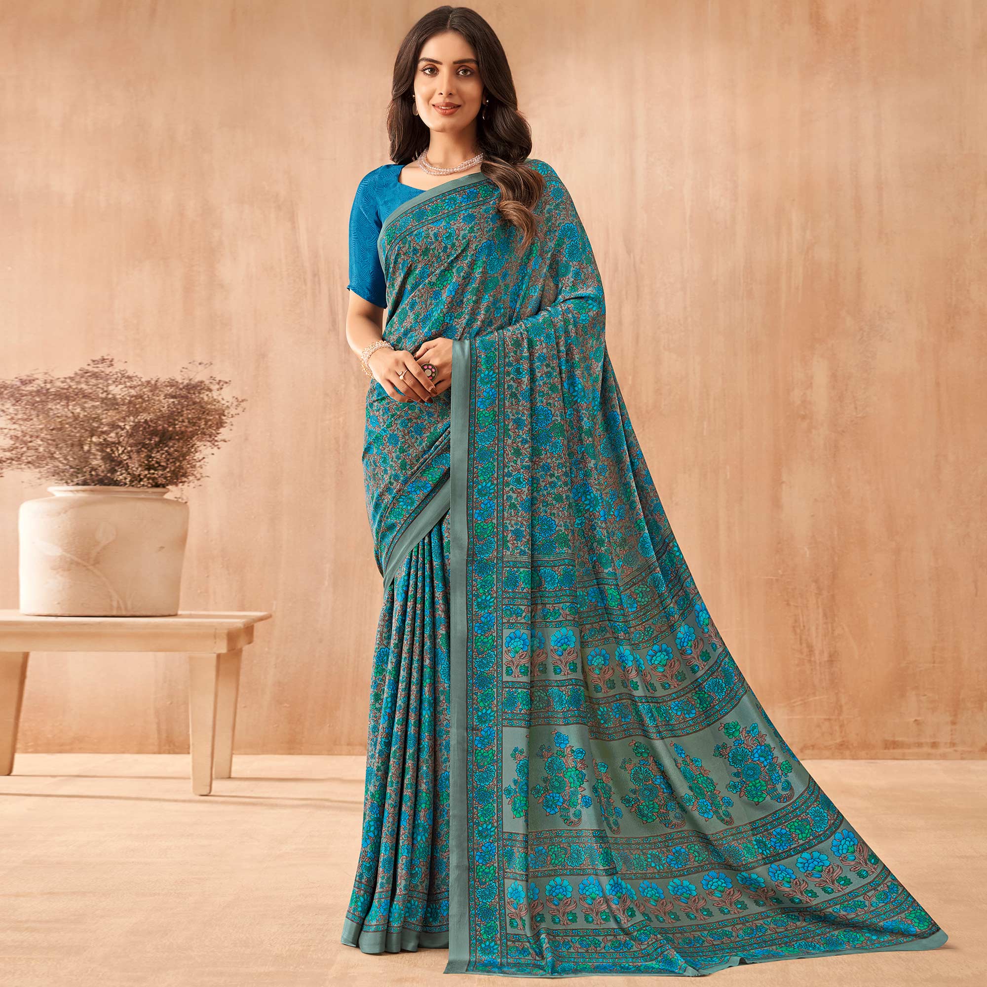 Teal Floral Printed Crepe Saree