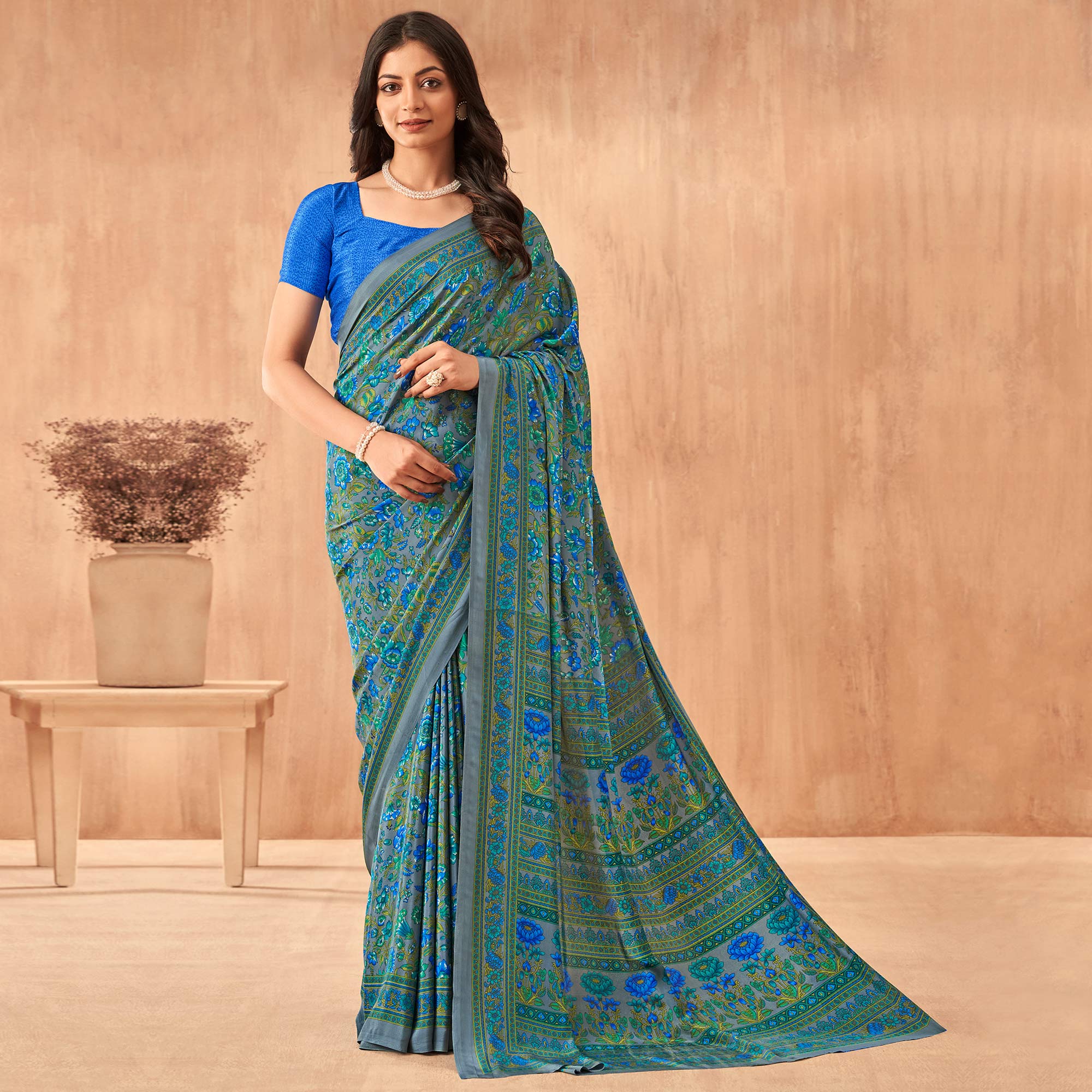 Teal Floral Printed Crepe Saree