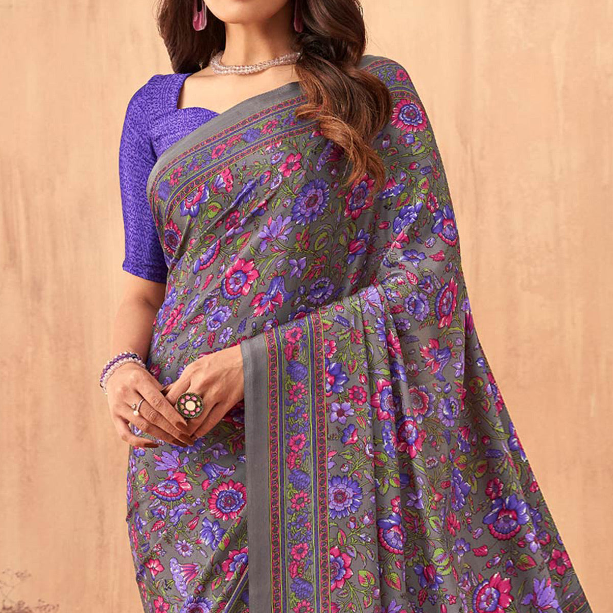 Purple Floral Printed Crepe Saree