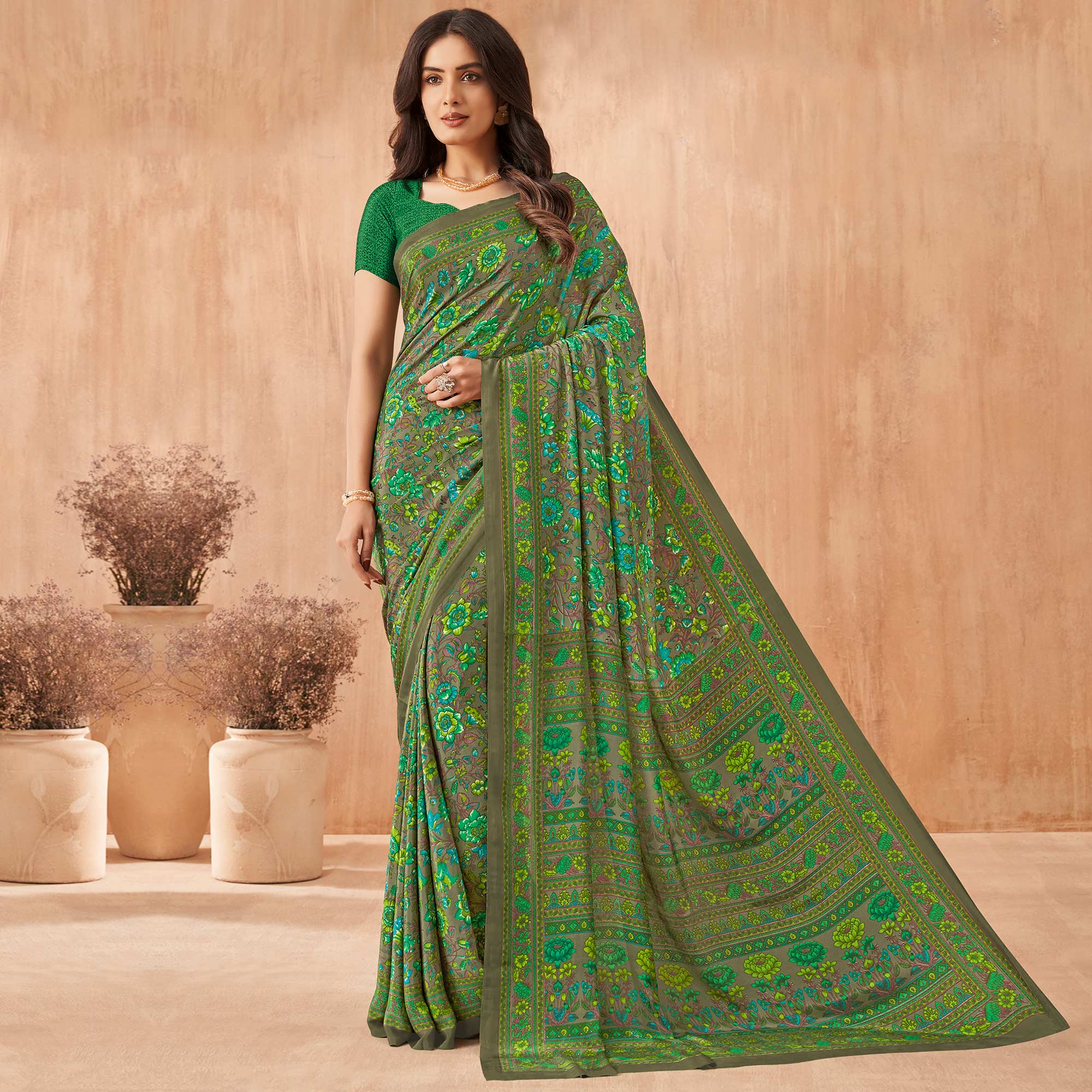 Green Floral Printed Crepe Saree