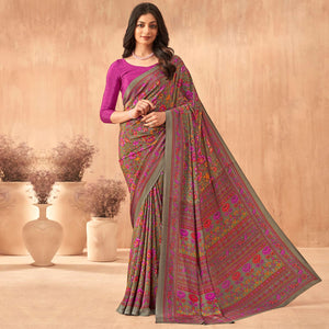 Pink Floral Printed Crepe Saree