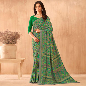 Green Floral Printed Crepe Saree