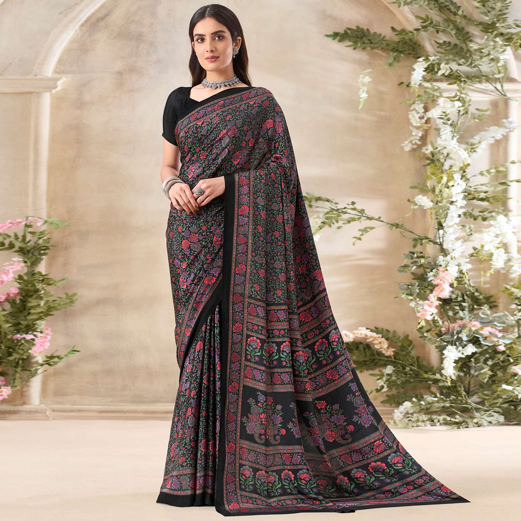 Black Floral Printed Crepe Saree