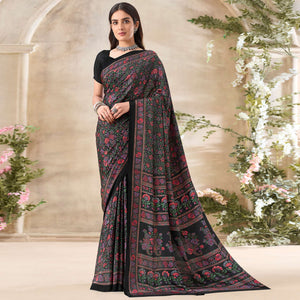 Black Floral Printed Crepe Saree