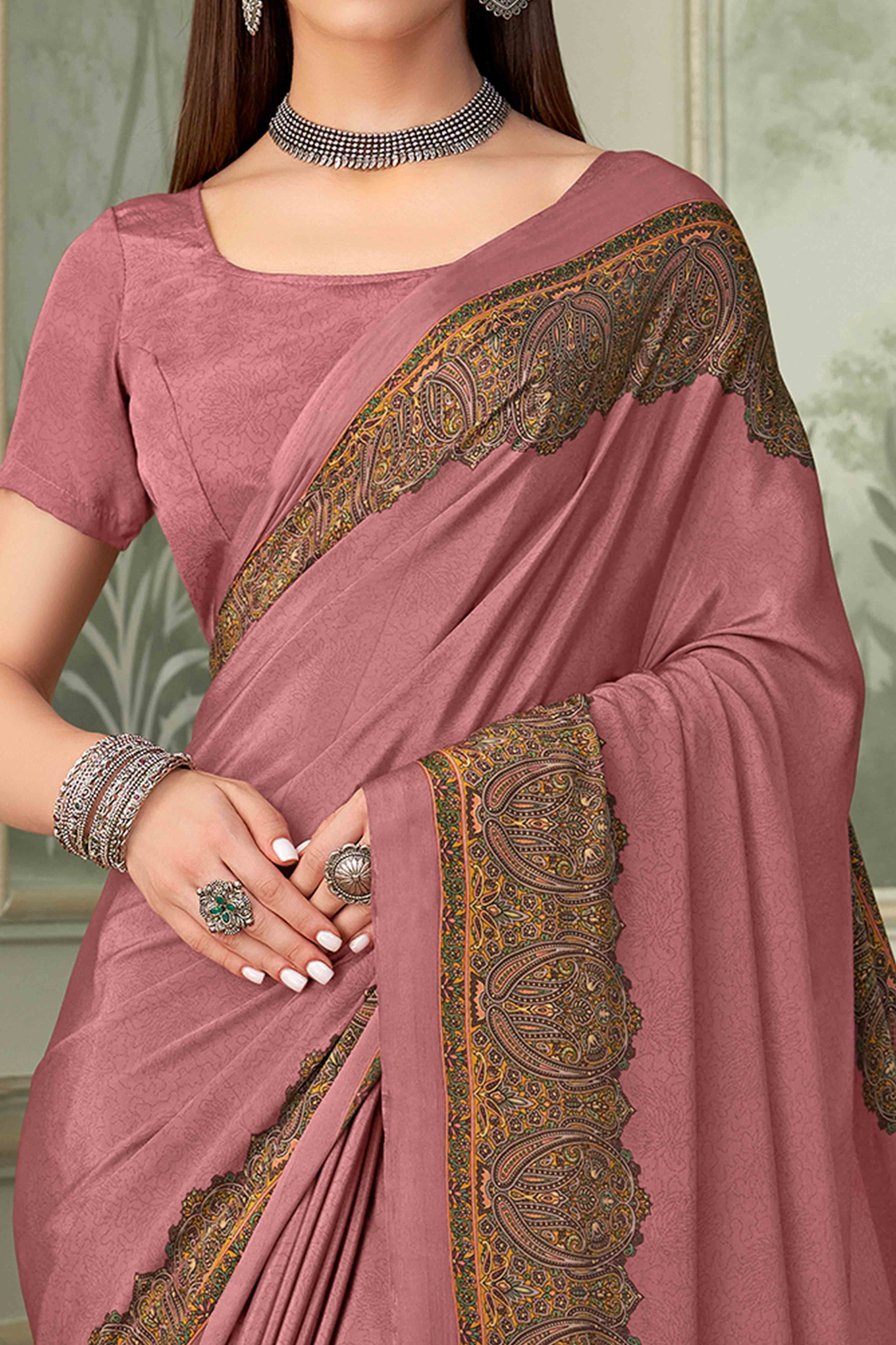 Onion Pink Floral Printed Crepe Silk Saree