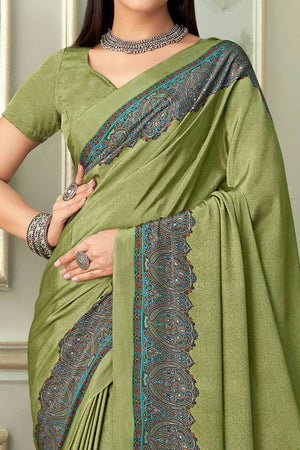 Olive Green Floral Printed Crepe Silk Saree
