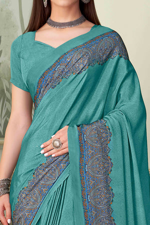 Rama Blue Floral Printed Crepe Silk Saree