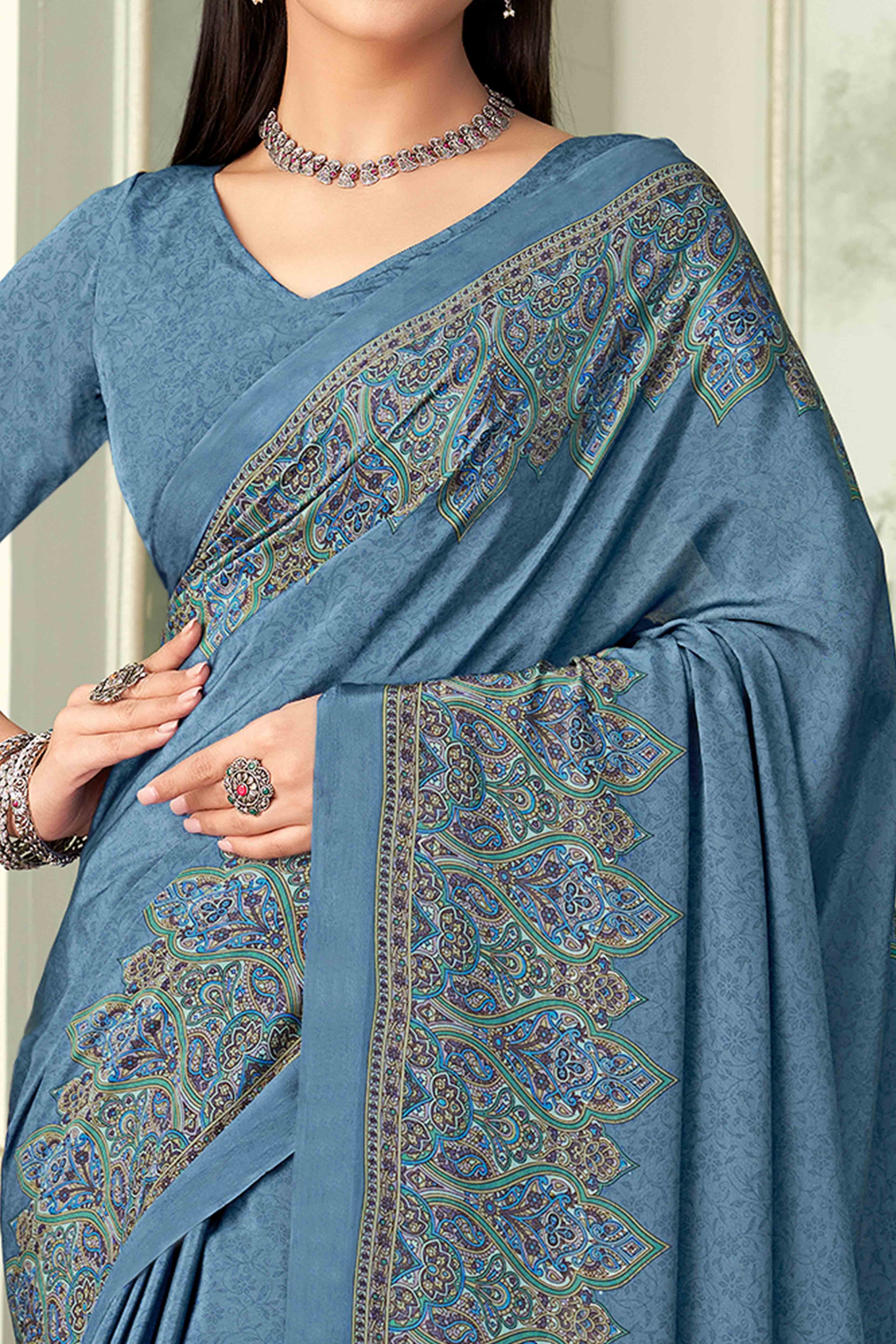 Bluish Grey Floral Printed Crepe Silk Saree