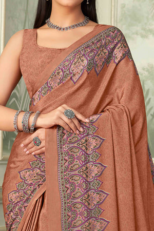 Brown Floral Printed Crepe Silk Saree