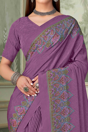 Purple Floral Printed Crepe Silk Saree