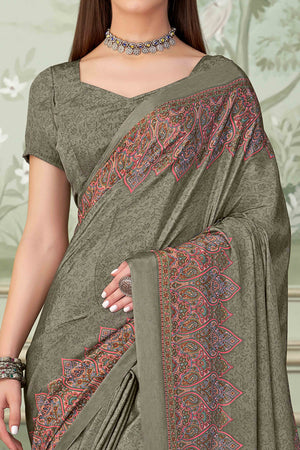 Grey Floral Printed Crepe Silk Saree