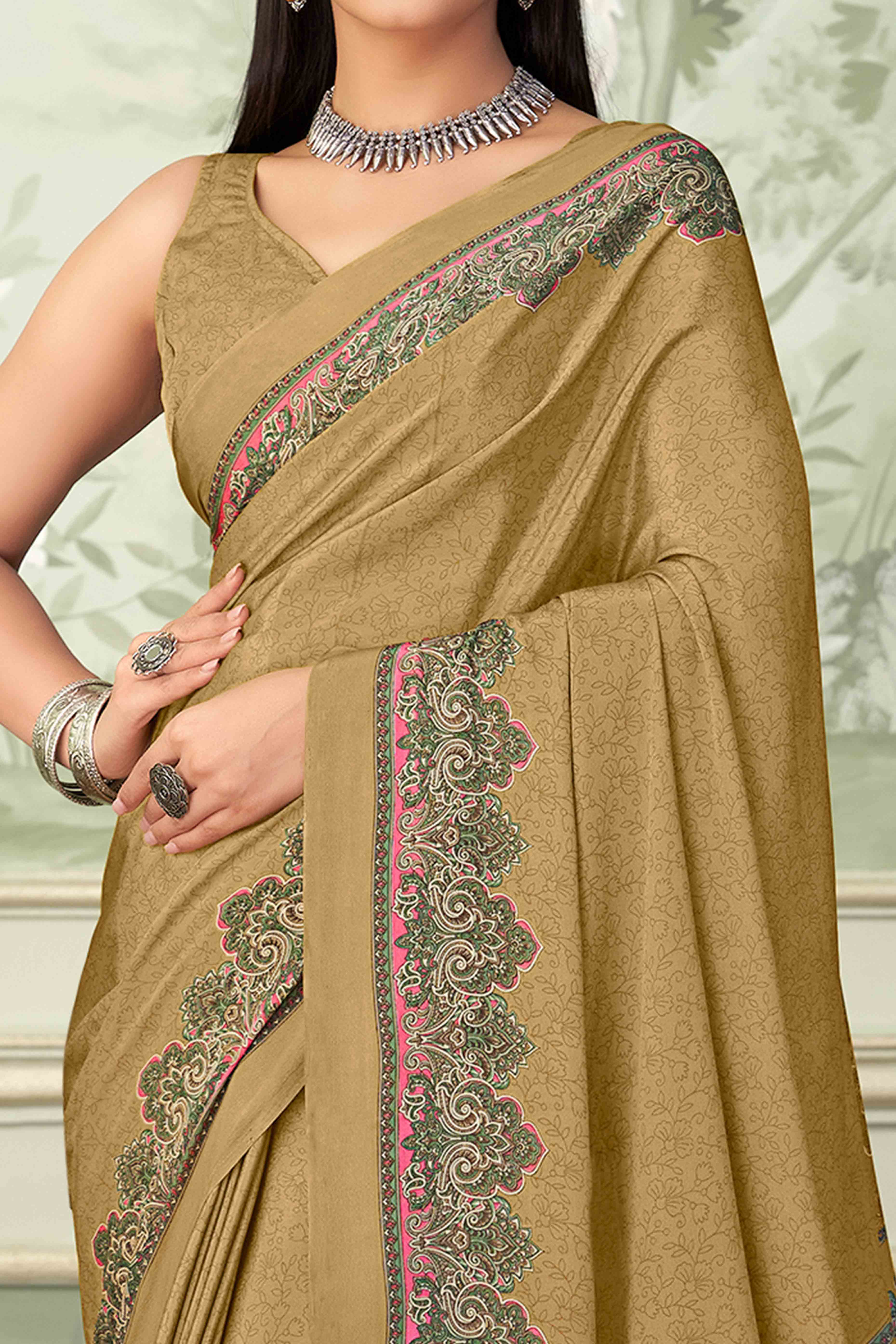 Dark Mustard Floral Printed Crepe Silk Saree