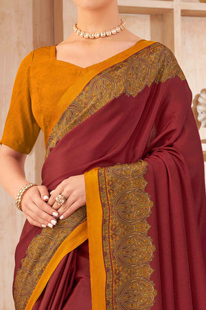 Maroon Floral Printed Crepe Silk Saree