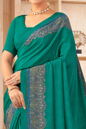 Rama Green Floral Printed Crepe Silk Saree