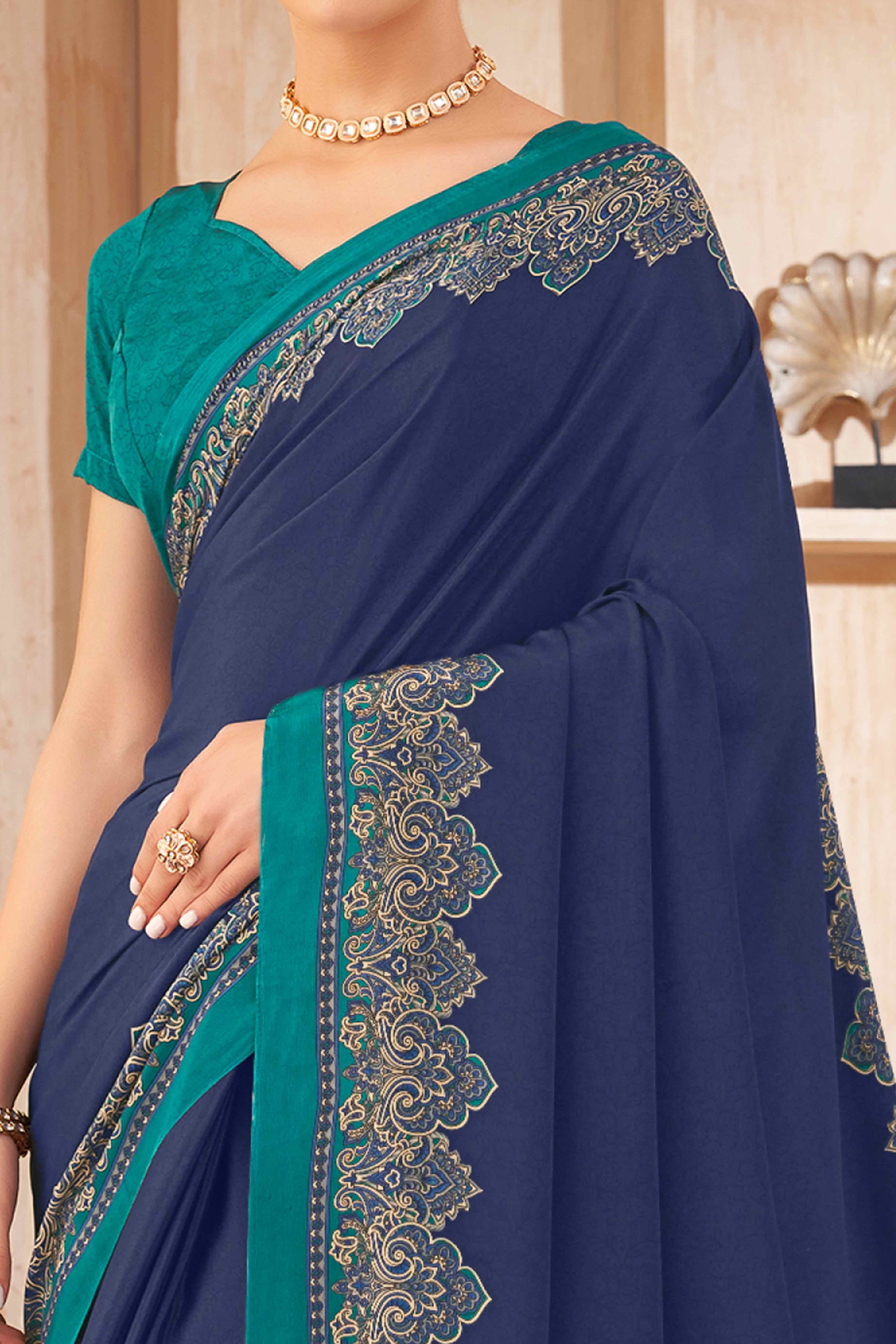 Navy Blue Floral Printed Crepe Silk Saree