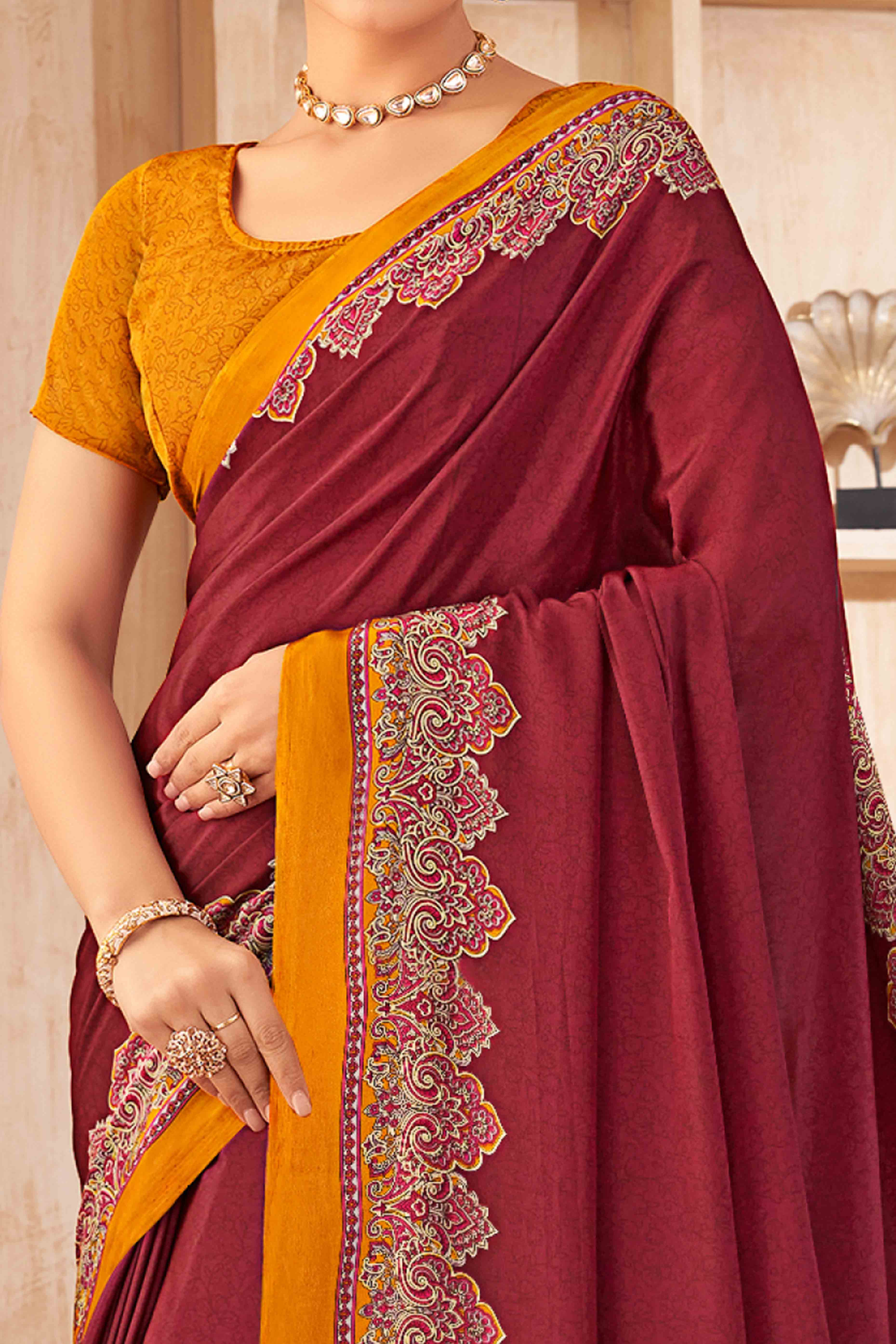 Maroon Floral Printed Crepe Silk Saree