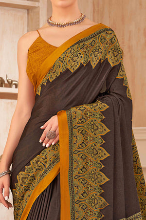 Brown Floral Printed Crepe Silk Saree