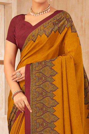 Mustard Floral Printed Crepe Silk Saree