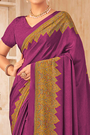 Purple Floral Printed Crepe Silk Saree