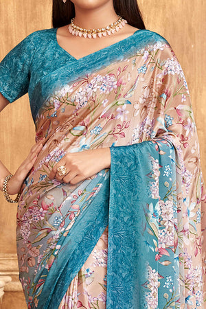 Blue Floral Printed Crepe Silk Saree