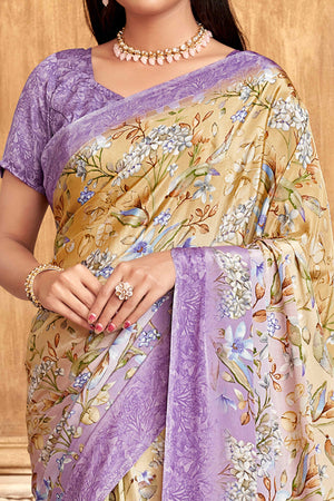 Purple Floral Printed Crepe Silk Saree