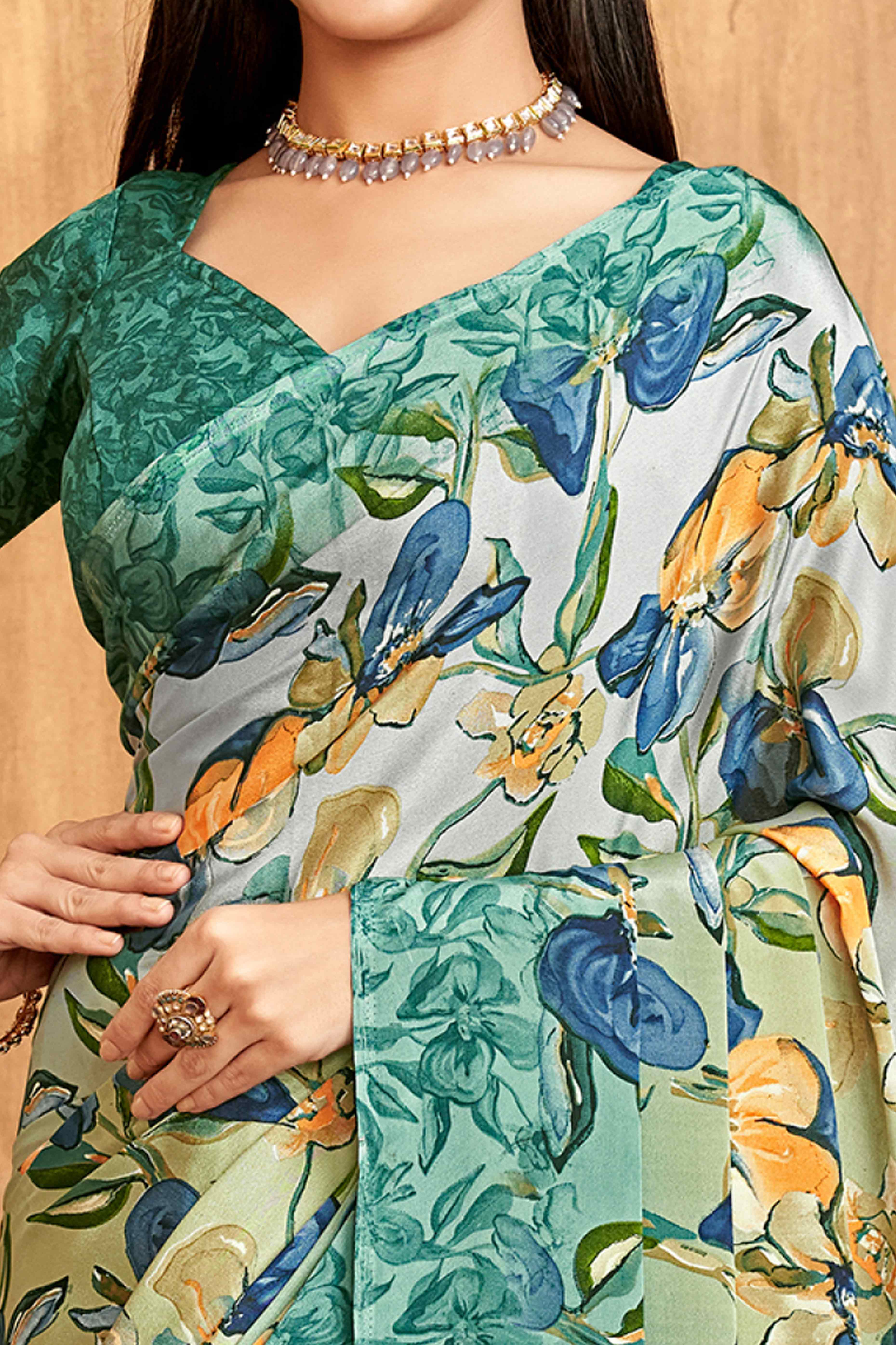 Sea Green Floral Printed Crepe Silk Saree