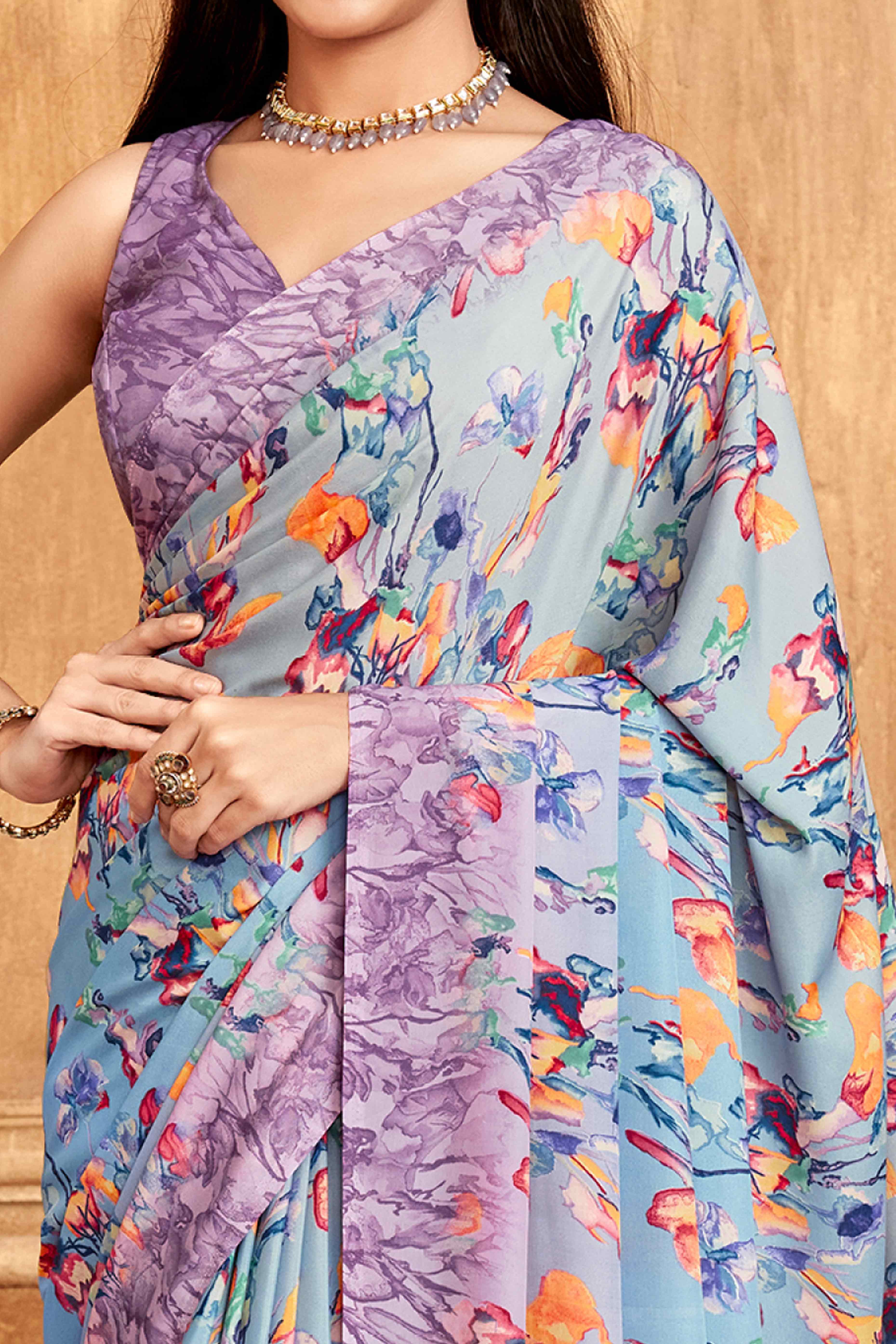 Lavender Floral Printed Crepe Silk Saree