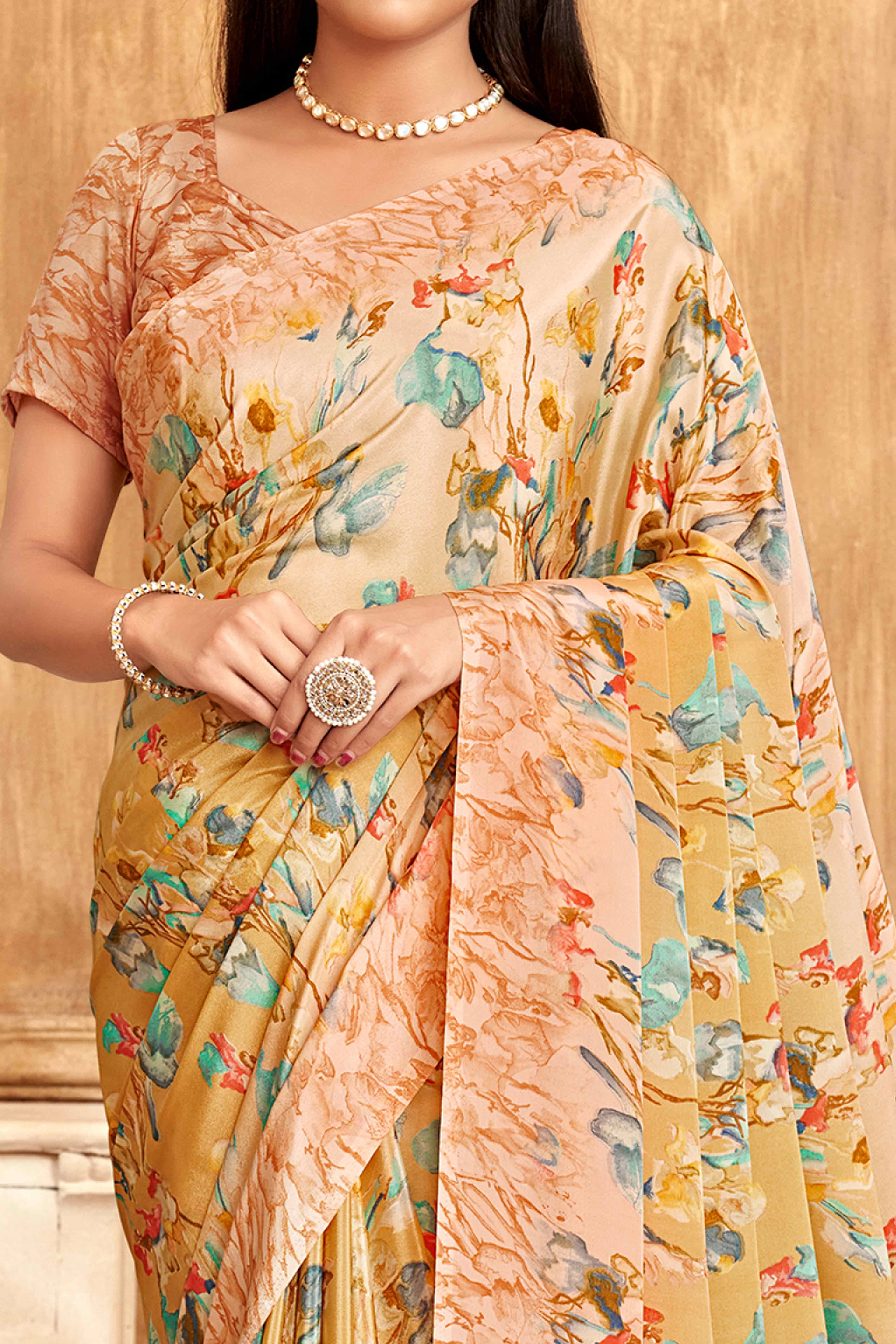 Peach Floral Printed Crepe Silk Saree