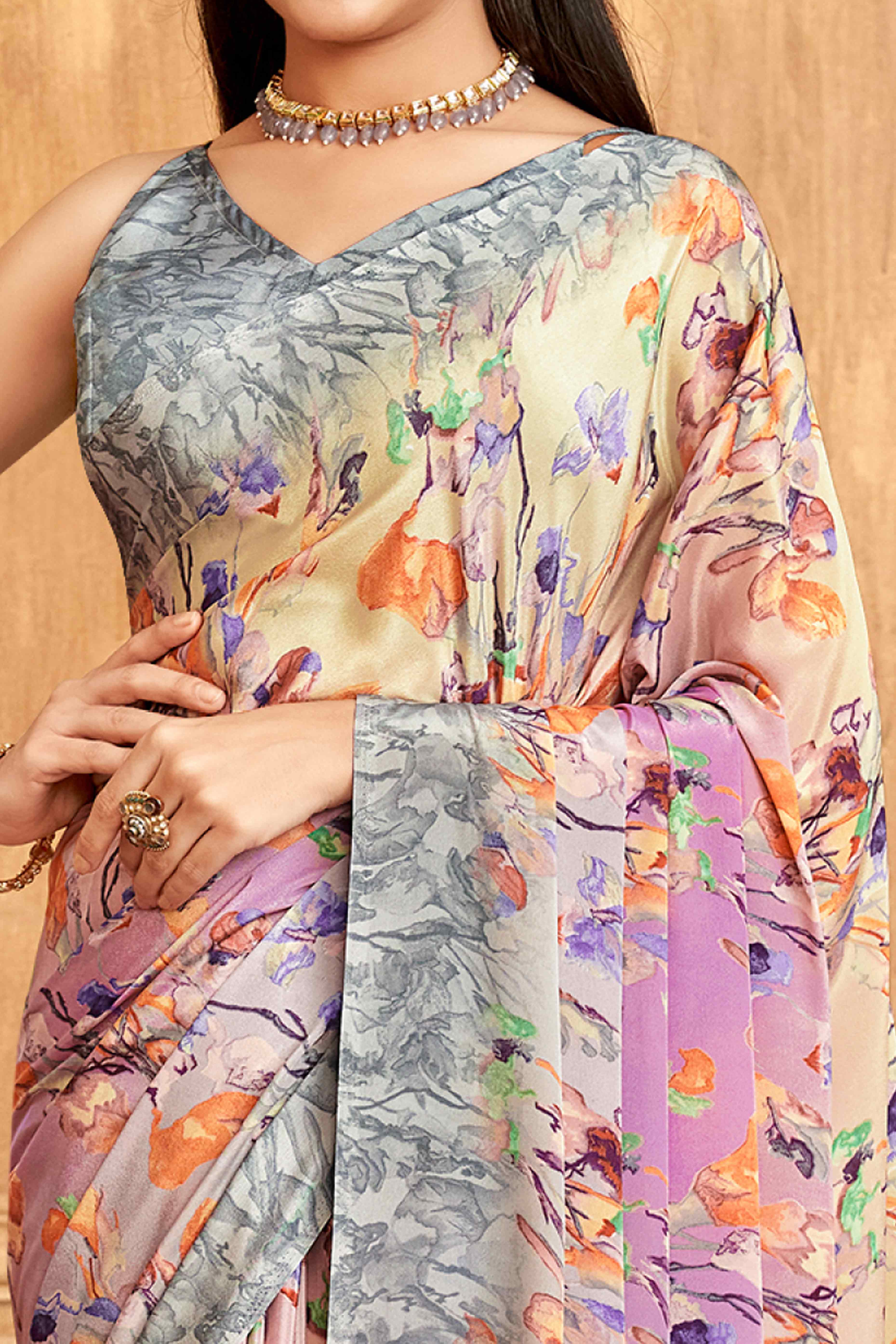 Grey Floral Printed Crepe Silk Saree