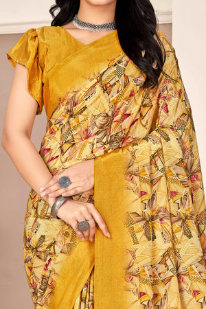 Mustard Silk Crepe Saree With Artistic Geometric Printed Work