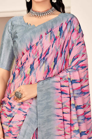 Pink & Grey Silk Crepe Saree With Artistic Abstract Printed Work