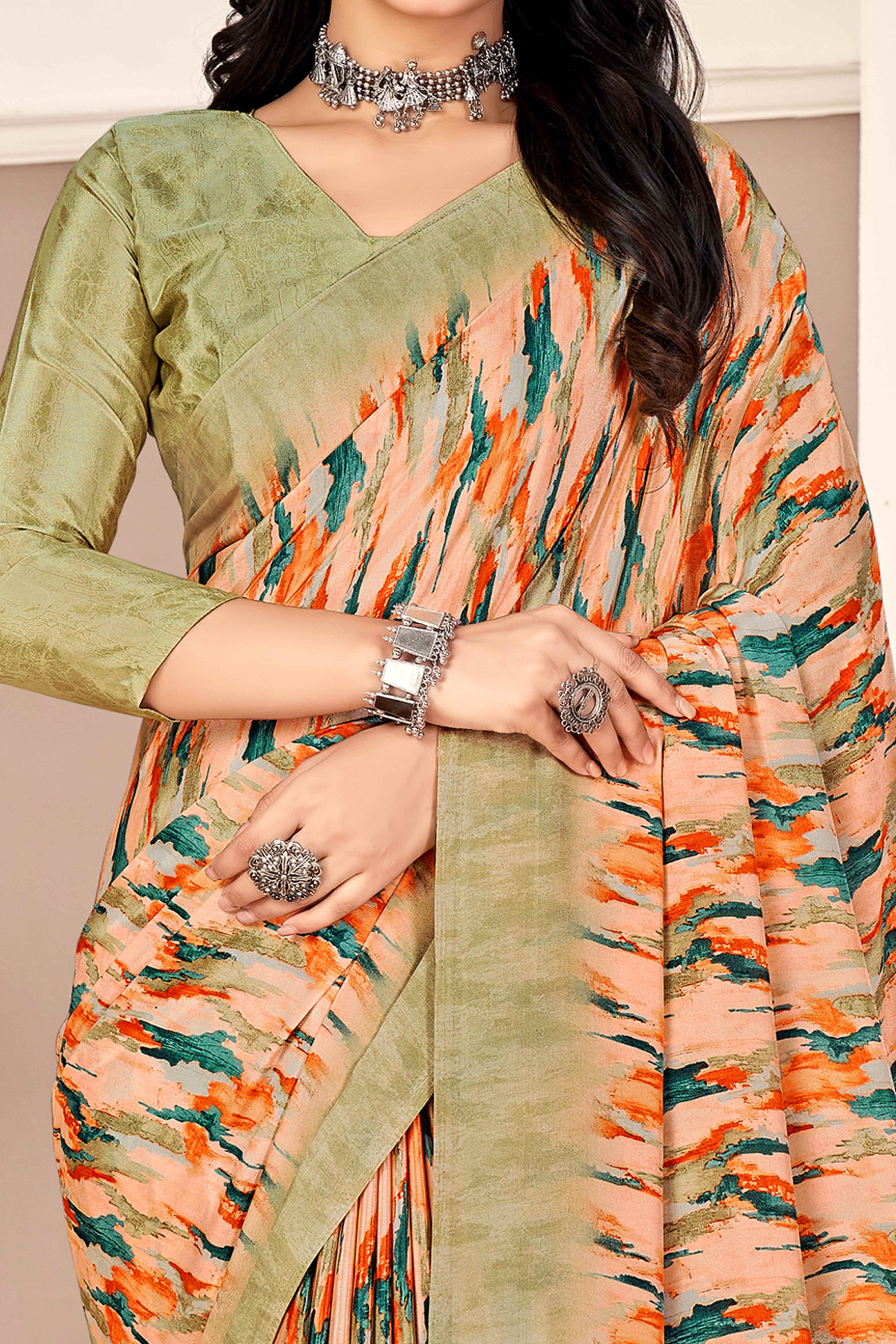Peach & Olive Silk Crepe Saree With Artistic Abstract Printed Work
