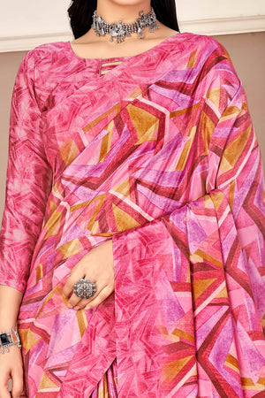Pink Silk Crepe Saree With Artistic Geometric Printed Work