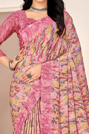 Onion Pink Silk Crepe Saree With Artistic Abstract Printed Work