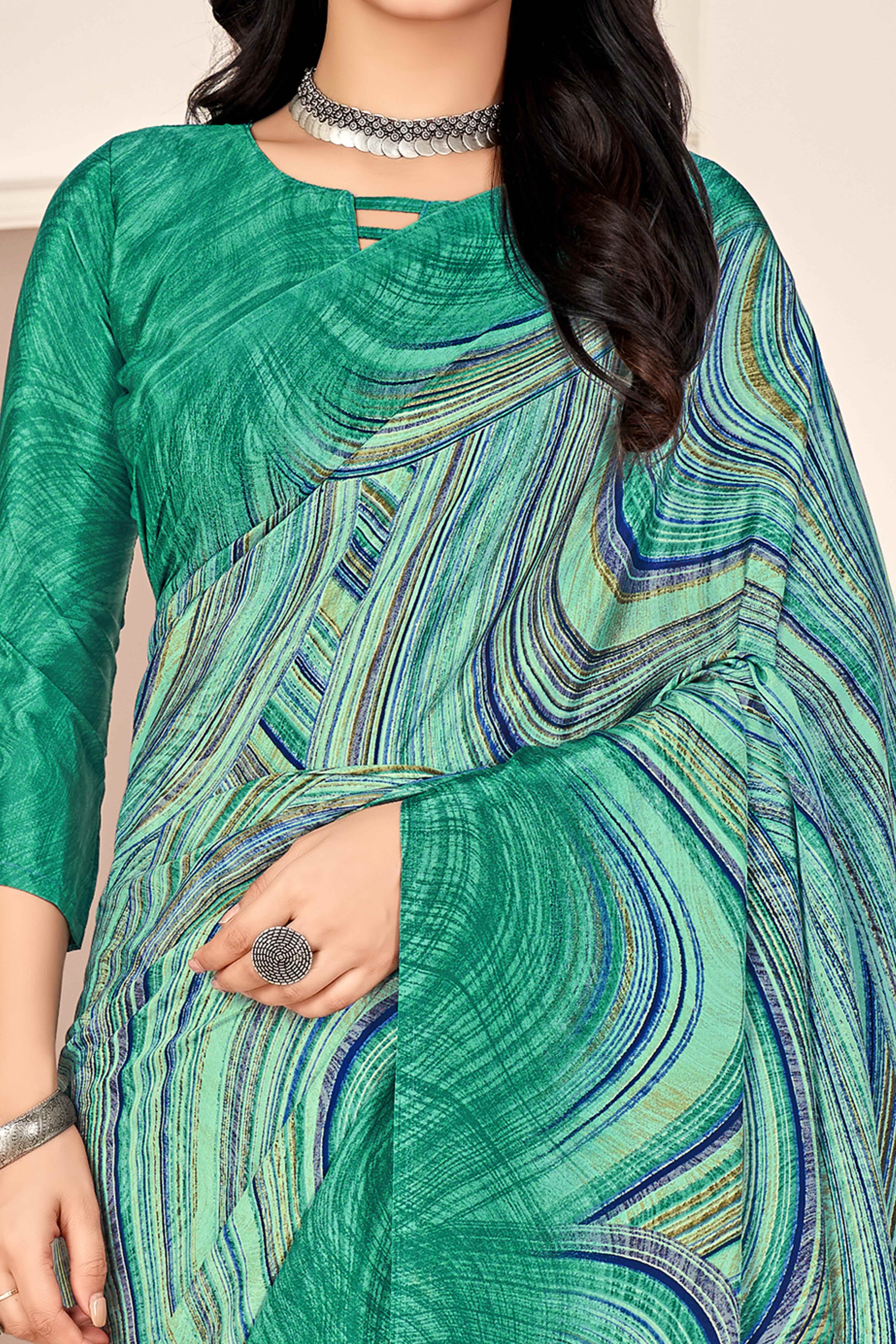 Green Silk Crepe Saree With Artistic Abstract Printed Work