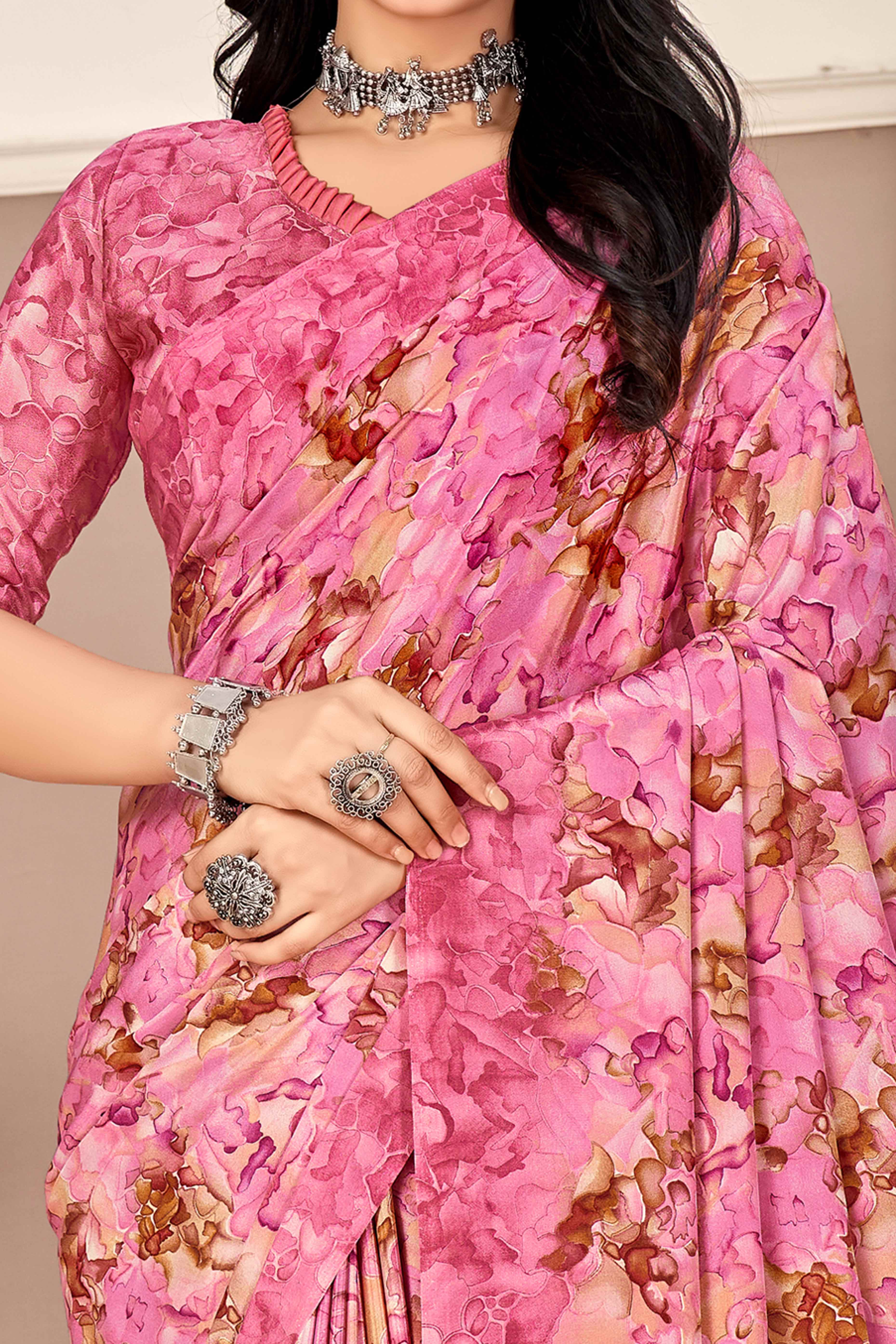 Pink Silk Crepe Saree With Artistic Abstract Printed Work