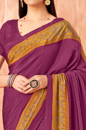 3Dark Magenta Crepe Silk Saree with Elegant Floral Print Detailing