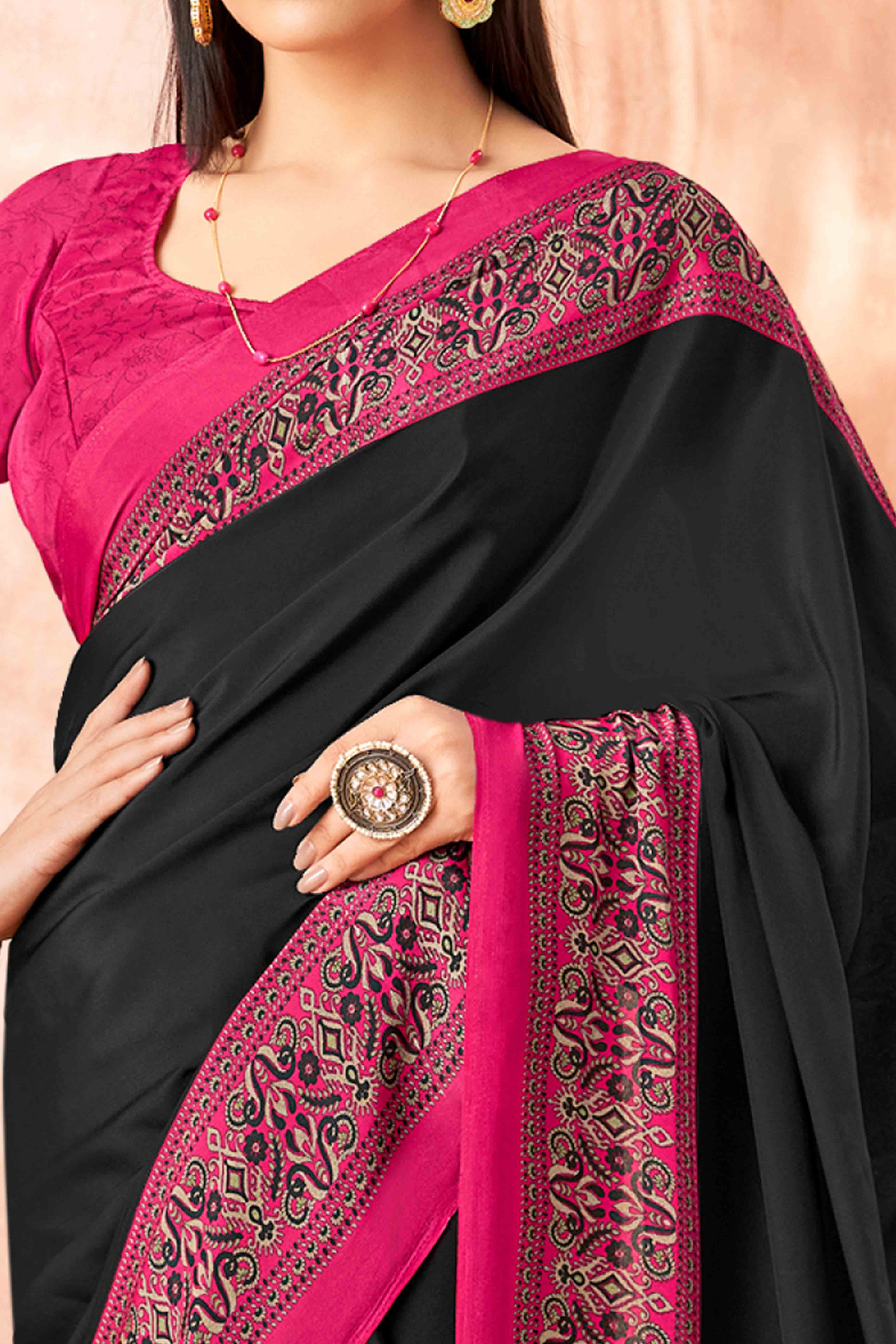 Black Crepe Silk Saree with Elegant Floral Print Detailing