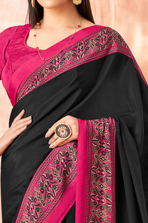 Black Crepe Silk Saree with Elegant Floral Print Detailing