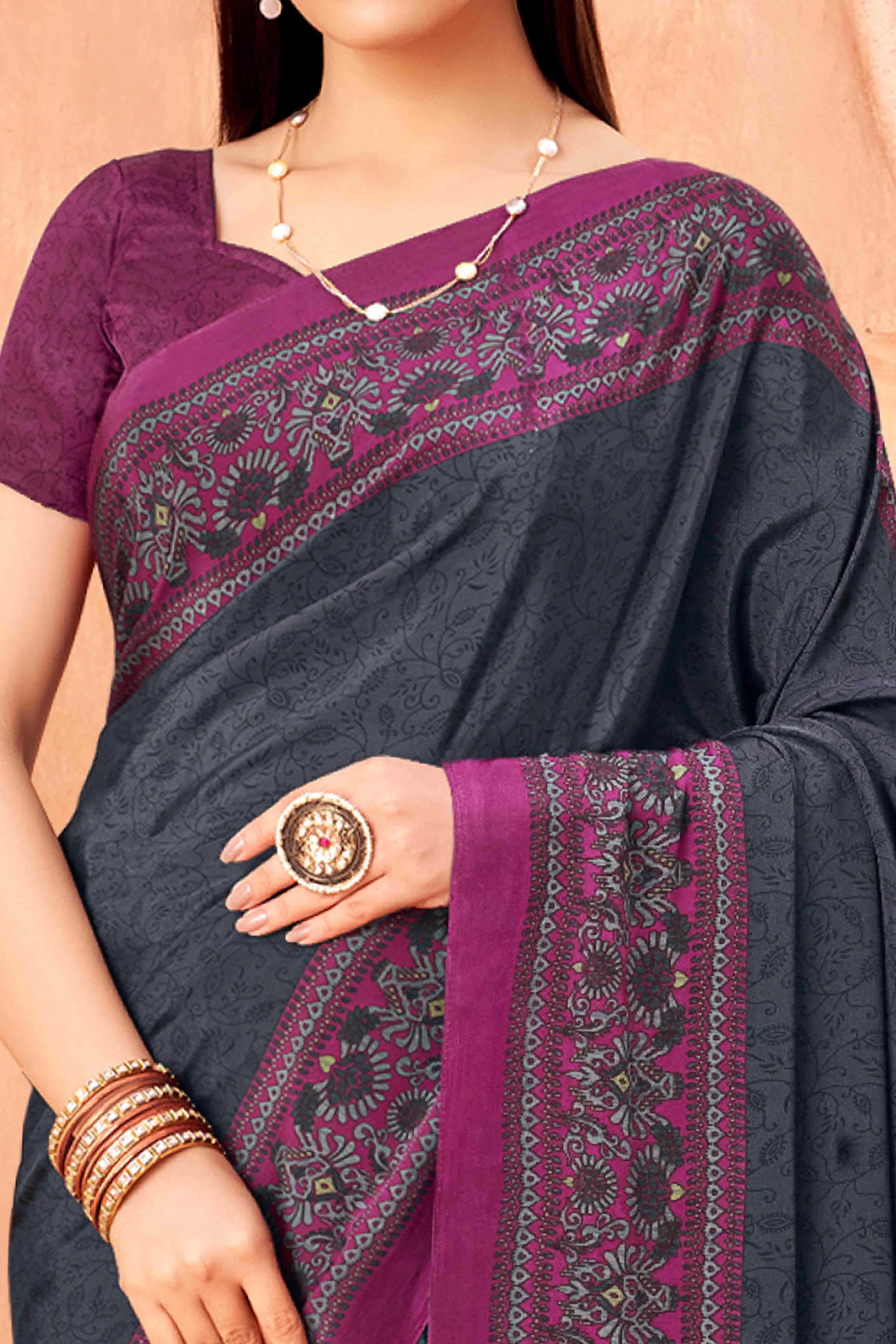 Grey Crepe Silk Saree with Elegant Floral Print Detailing