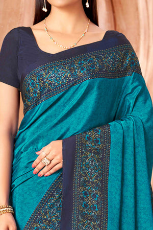 Blue Crepe Silk Saree with Elegant Floral Print Detailing