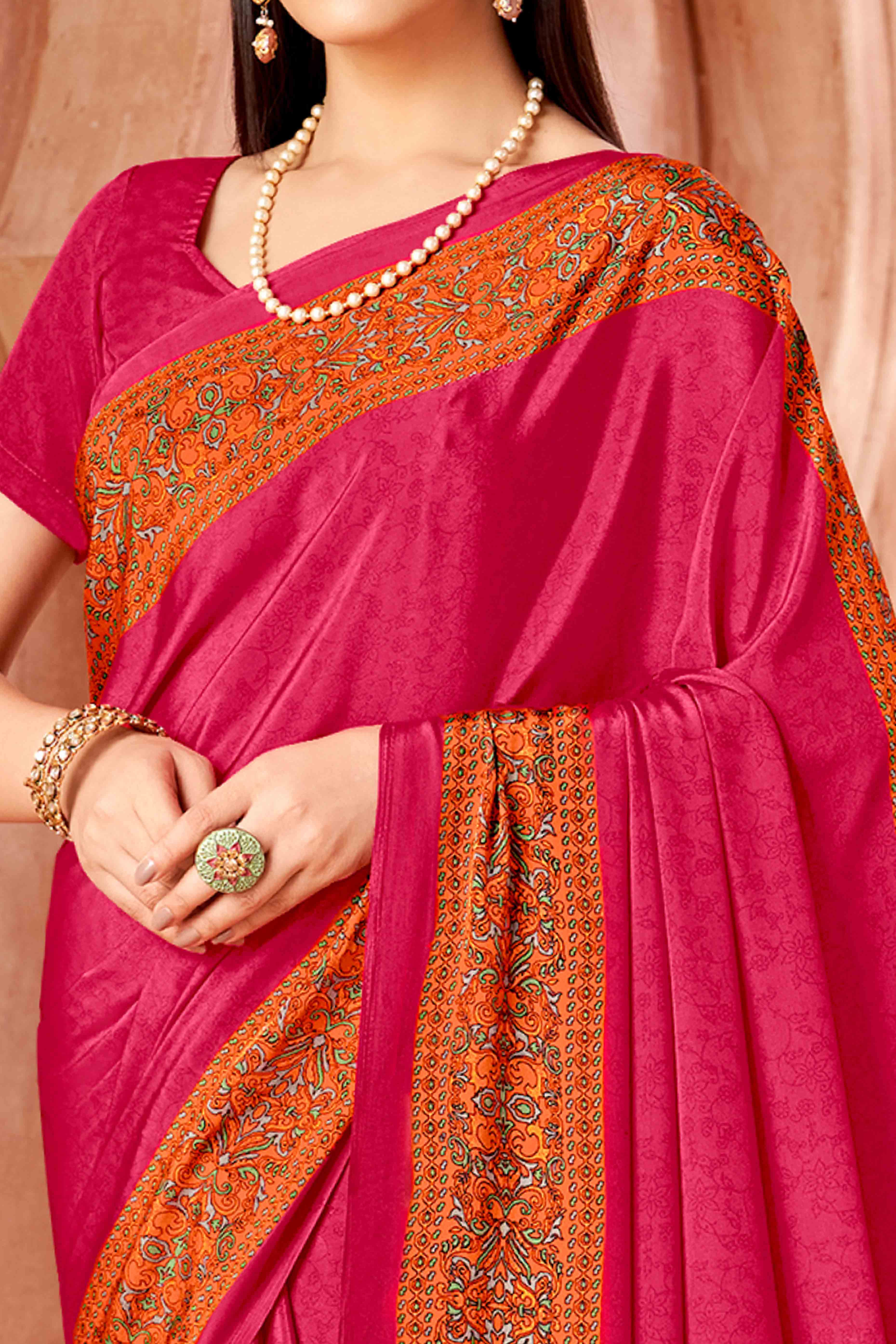 Pink Crepe Silk Saree with Elegant Floral Print Detailing