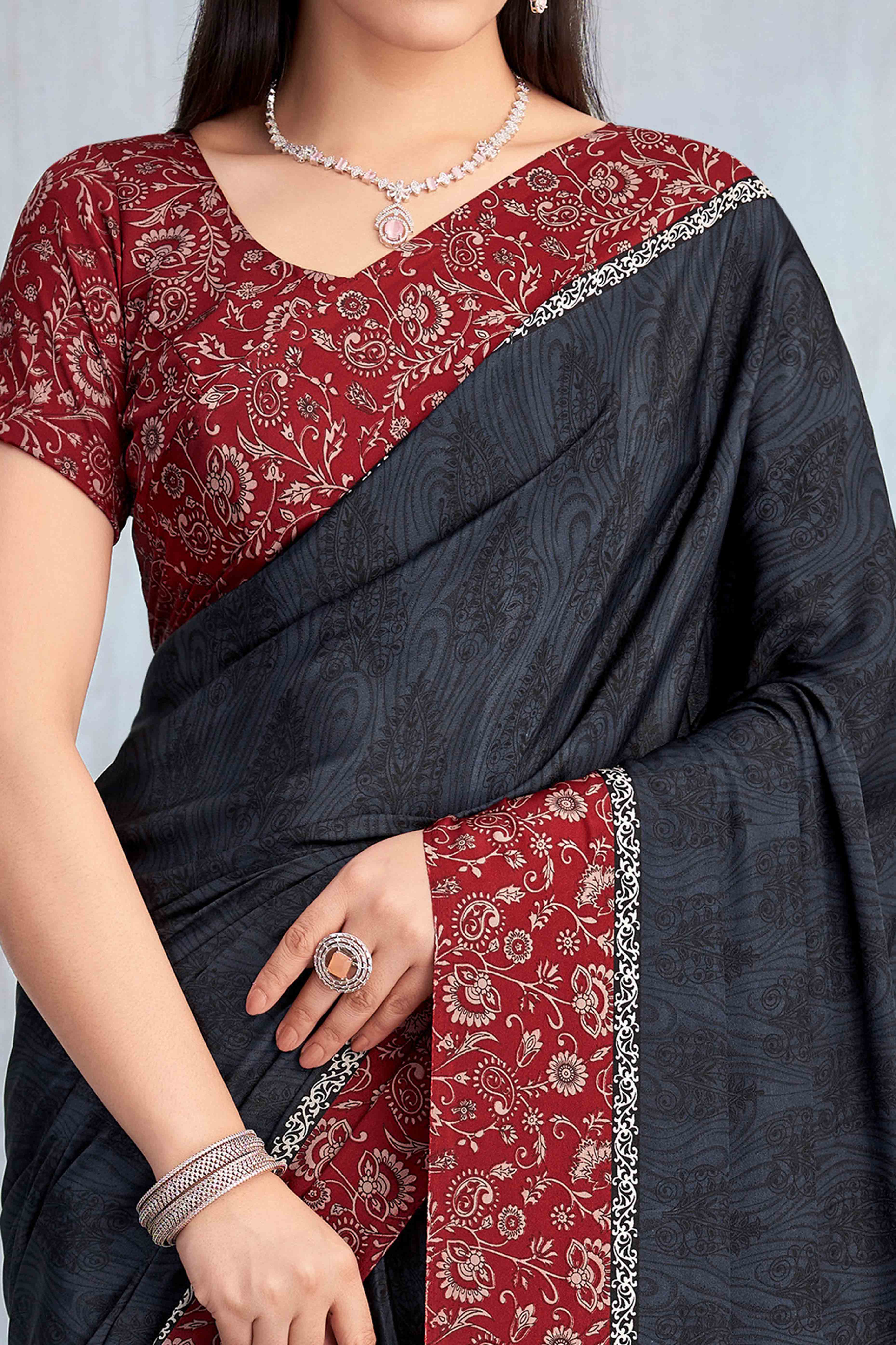 Dark Grey Crepe Silk Saree Featuring Delicate Floral Print Work