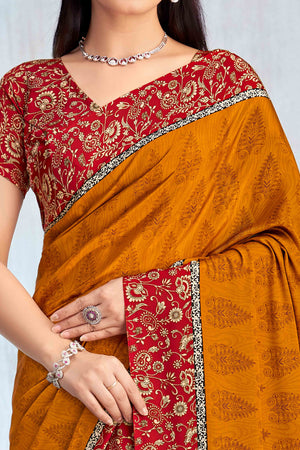 Mustard Crepe Silk Saree Featuring Delicate Floral Print Work