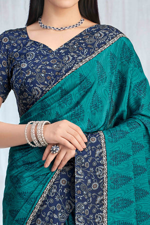 Teal Crepe Silk Saree Featuring Delicate Floral Print Work