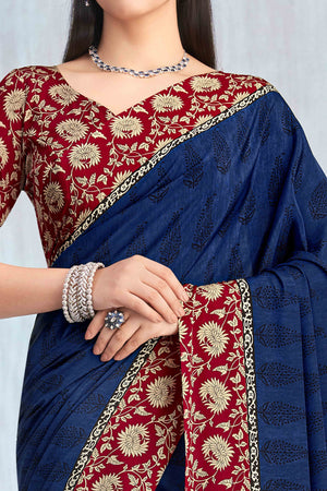 Navy Blue Crepe Silk Saree Featuring Delicate Floral Print Work