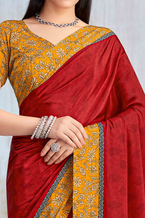 Red Crepe Silk Saree Featuring Delicate Floral Print Work