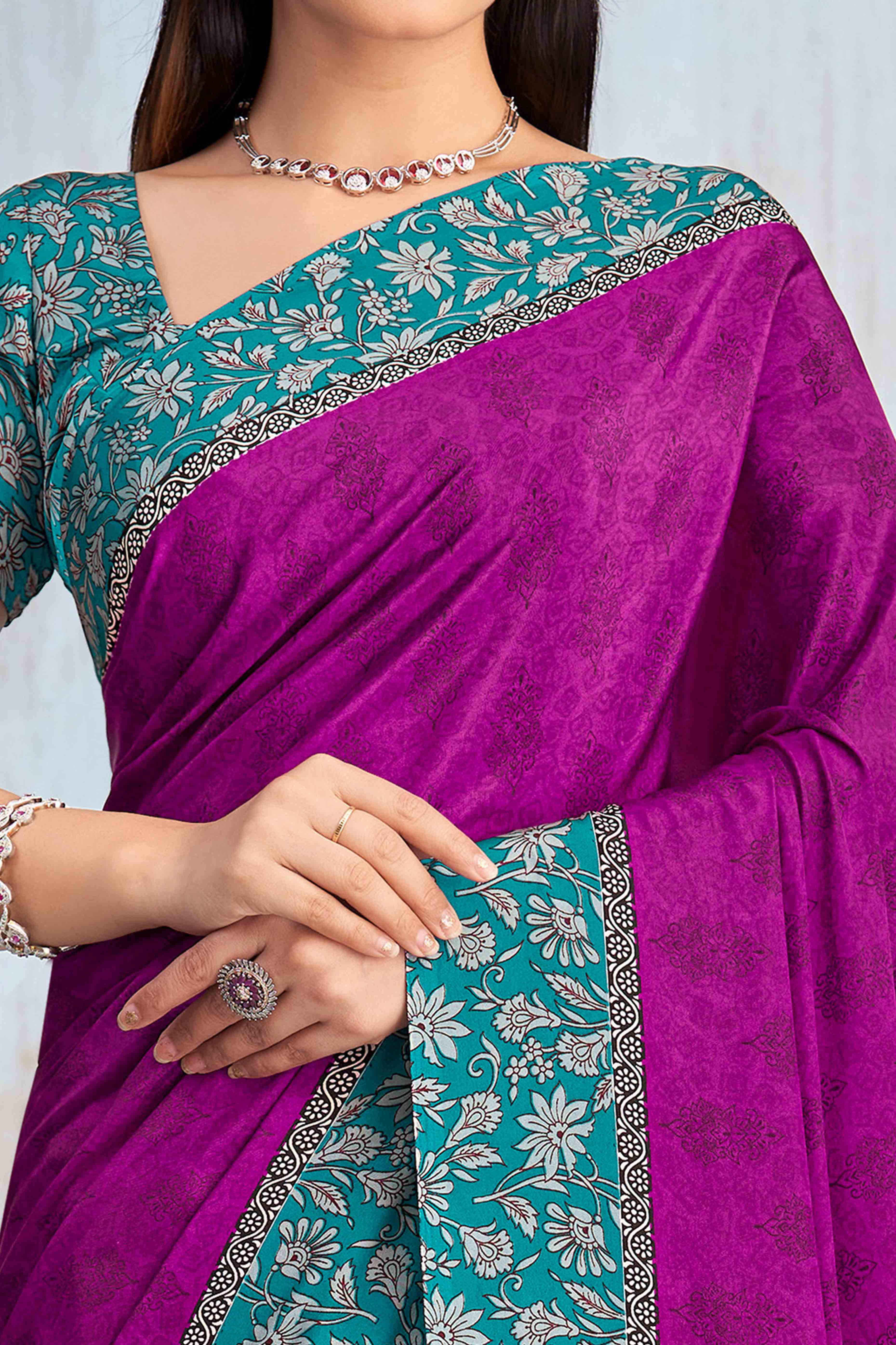 Magenta Crepe Silk Saree Featuring Delicate Floral Print Work