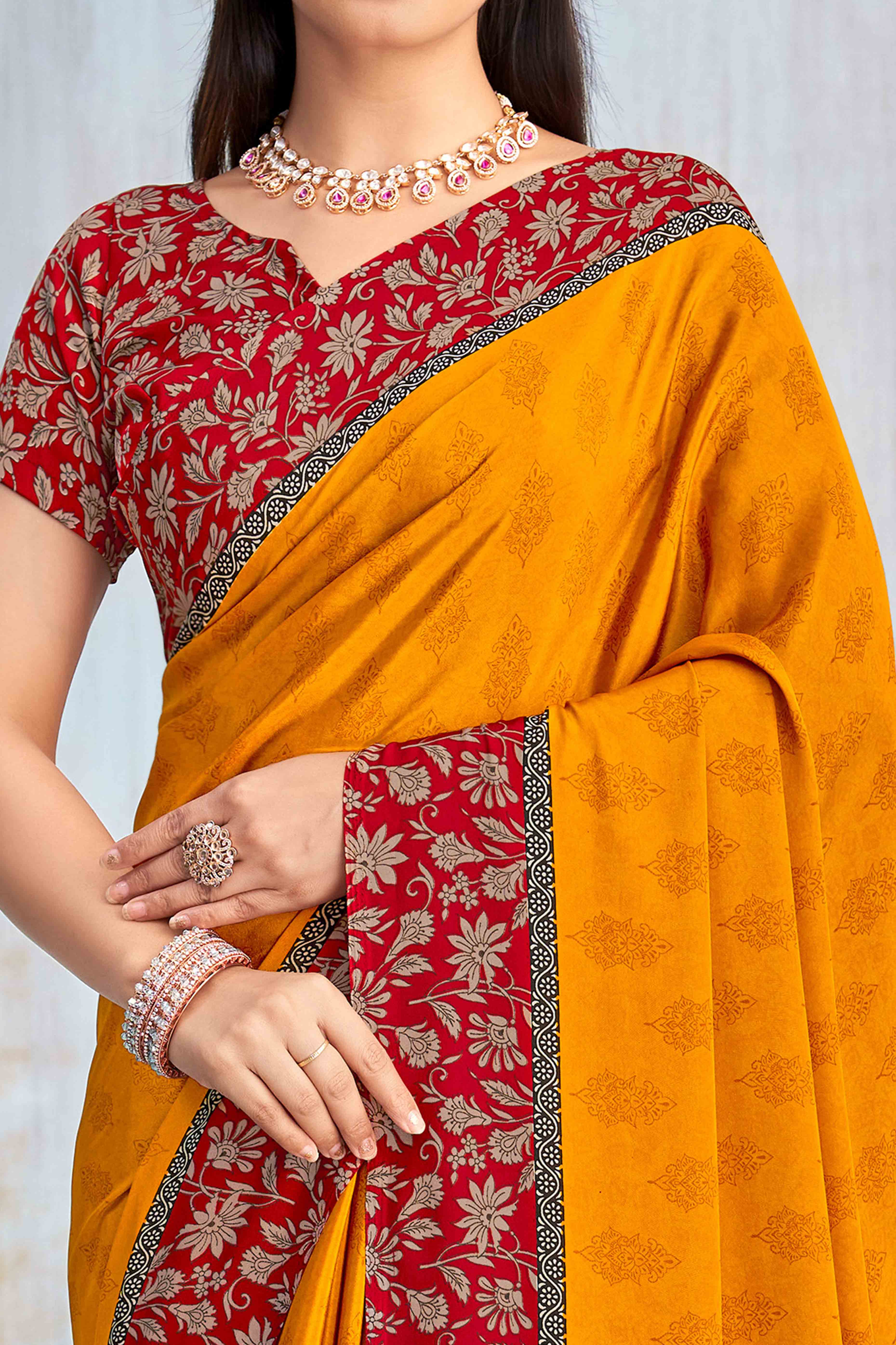 Mustard Crepe Silk Saree Featuring Delicate Floral Print Work